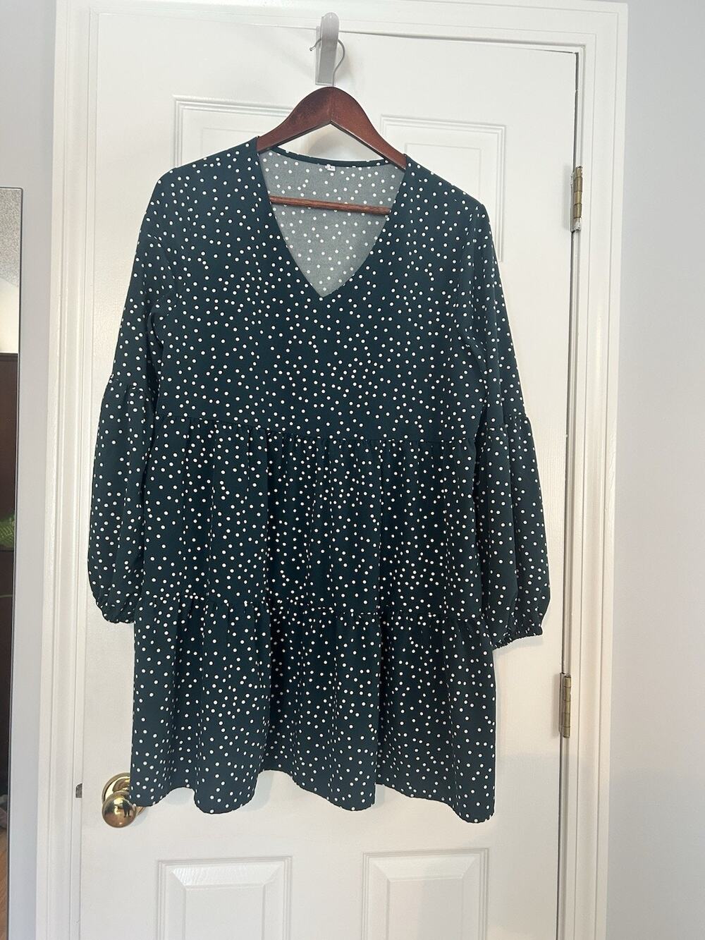 Green Polka Dot Babydoll Tiered Mini Dress L Long Sleeve Dacron